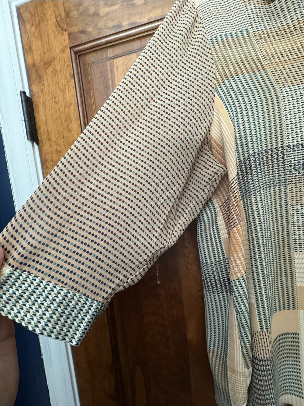 Rose & Olive Beige, Cream & Taupe Patchwork Button-Down Top - Picture 4 of 6